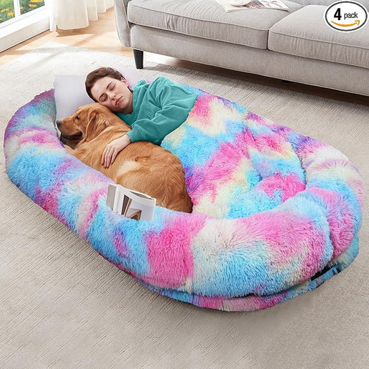 YAEM Human Dog Bed for Adult and Pets - 71"x45"x12" Dogs Beds for Humans with Washable Faux Fur Cover, Plump Pillow, Blanket, Orthopedic Design, Strap-Rainbow