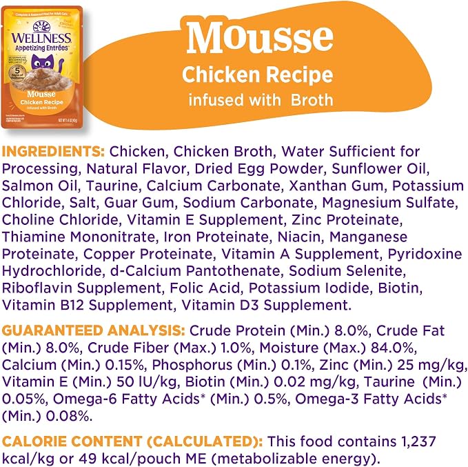 Wellness Appetizing Entrées Mousse Adult Wet Cat Food, Natural, Protein Rich, Grain Free, Chicken Recipe, 1.4 oz, Pack of 8 Pouches