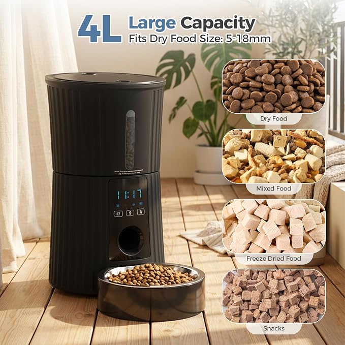 DUMOS 2.4G WiFi Automatic Cat Feeder, 4L Timed Cat Food Dispenser with APP Control, 10s Voice Recorder, Dual Power Supply, Indoor Programmable Pet Feeder with Desiccant for Small Cats and Dogs, Black