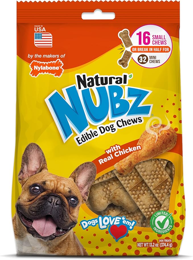 Nylabone Nubz Natural Dog Chew Treats for Small Dogs, Long Lasting Dog Chew Bones Made in the USA, Chicken Flavor Breath Freshener Dental Chews, Small Dog Bones for Dogs Up to 25 lbs. (16 Count)