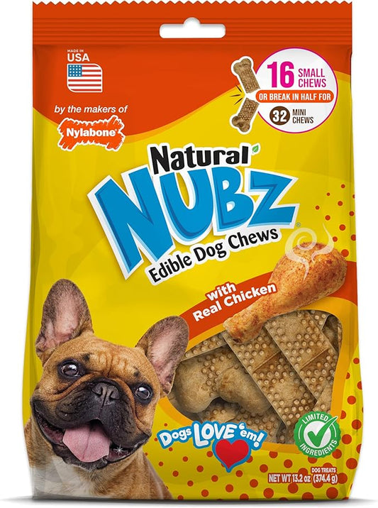 Nylabone Nubz Natural Dog Chew Treats for Small Dogs, Long Lasting Dog Chew Bones Made in the USA, Chicken Flavor Breath Freshener Dental Chews, Small Dog Bones for Dogs Up to 25 lbs. (16 Count)