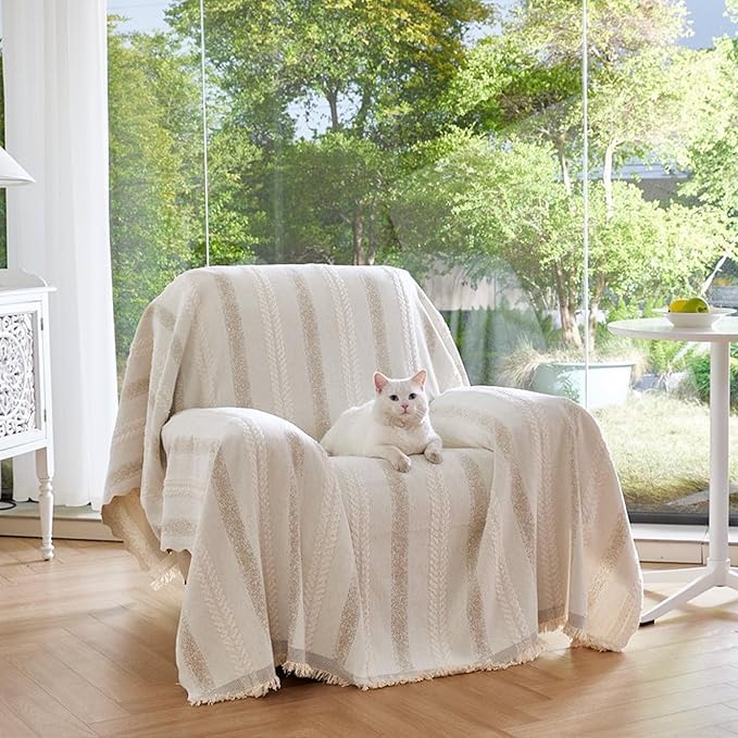 Couch Cover for Dogs Washable Sofa Cover, Sectional Couch Covers, Sofa Covers for 2 Cushion Couch, Non Slip Stripe Sofa Slipcovers Furniture Protector (Beige, 91 * 71)