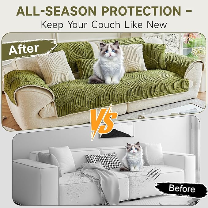 OTOB Couch Covers for 3 Cushion Couch Sofa Pet Friendly, Washable Plush Sofa Slipcovers Furniture Protector, Non Slip All Season Soft Fuzzy Pet Couch Cover, 1 Piece(Matcha Green, 27.6"x82.7")