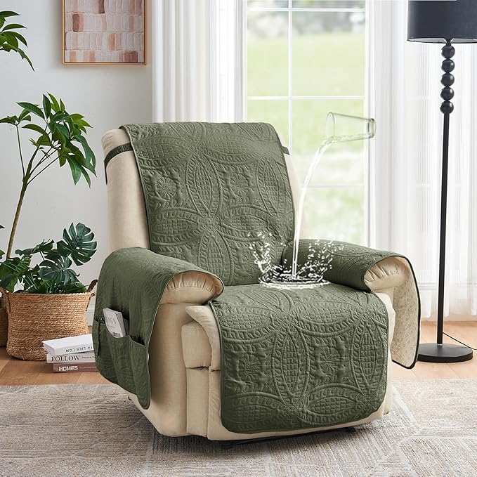 Green Recliner TV Chair Covers, Quilted Décor Water-Repellent Medium Lazy Boy Chair Covers, Pet Friendly Recliner Slipovers for Dogs Cats, Washable Recliner Cover (Recliner 26", Olive Green)