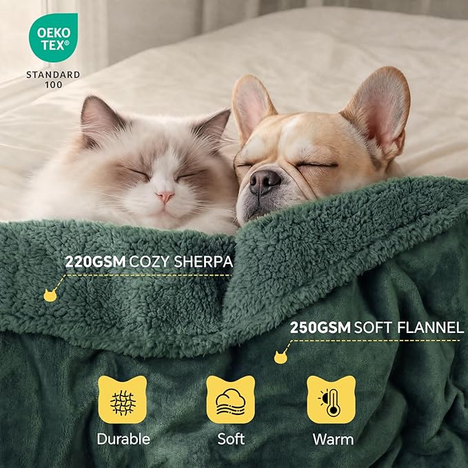 Luciphia Waterproof Pet Blanket, Liquid Pee Proof Dog Blanket for Sofa Bed Couch, Reversible Sherpa Fleece Furniture Protector Cover for Small Medium Large Dogs Cats, Dark Green Large（65" x 57"）