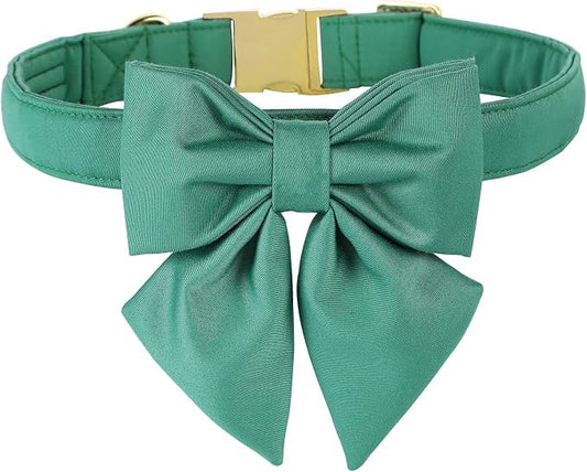 Maca Bates Jade Green Dog Collar with Cute Solid Sailor Bow Tie for Small Girl Boy Dogs,Adjustbale Durable Breakaway Soft Collars with Bowtie for Female Male Puppy,Pet with Metal Buckle