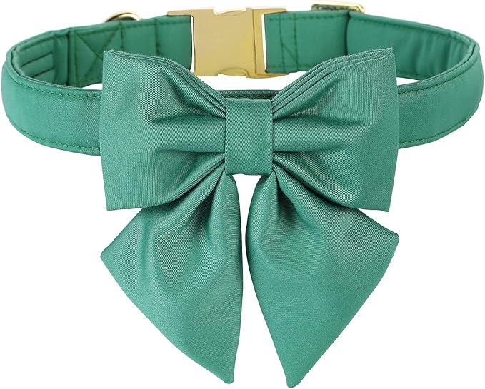 Maca Bates Jade Green Dog Collar with Cute Solid Sailor Bow Tie for Extra Large Girl Boy Dogs,Adjustbale Durable Breakaway Soft Collars with Bowtie for Female Male Puppy,Pet with Metal Buckle