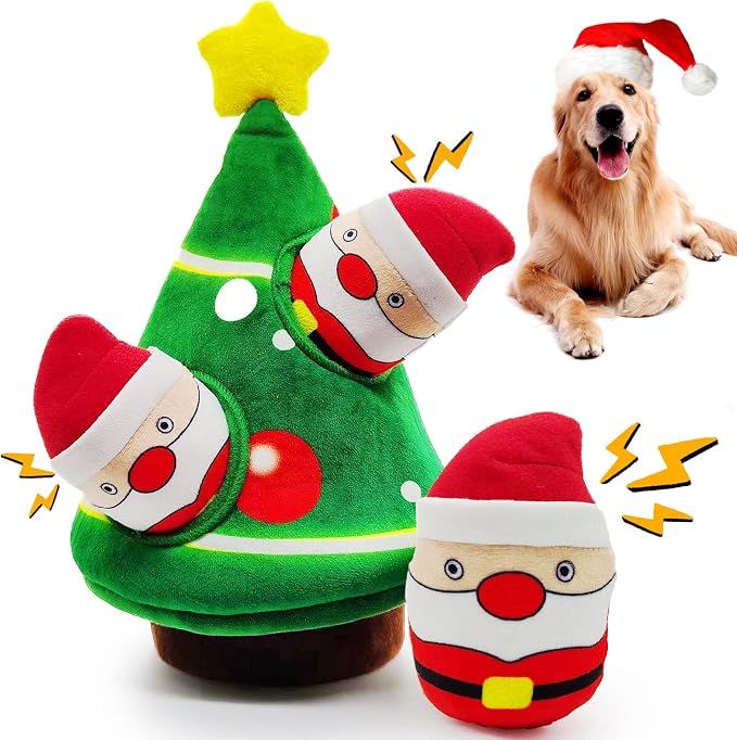 lilfrd Christmas Dog Toys, 4 Pack Santa Xmas Tree Hide Seek Squeaky Toy | Lovely Christmas seasonal treat, suitable for small and medium breeds