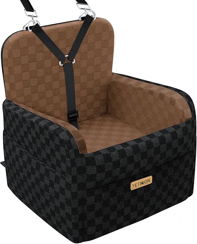PETICON Waterproof Dog Car Seat for Small Medium Dogs, 5in Memory Foam Pet Booster Seat for Dogs up to 35 lbs with Pockets, Detachable Washable Pet Carseat with Y-Shape Safety Belt (Brown, Medium)