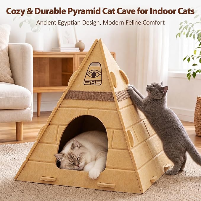 Cat House for Indoor Cats, Scratch-Resistant Cat Cave Bed, Felt Cat Scratch House Hideaway with Pharaoh Headdress, 17x17x20