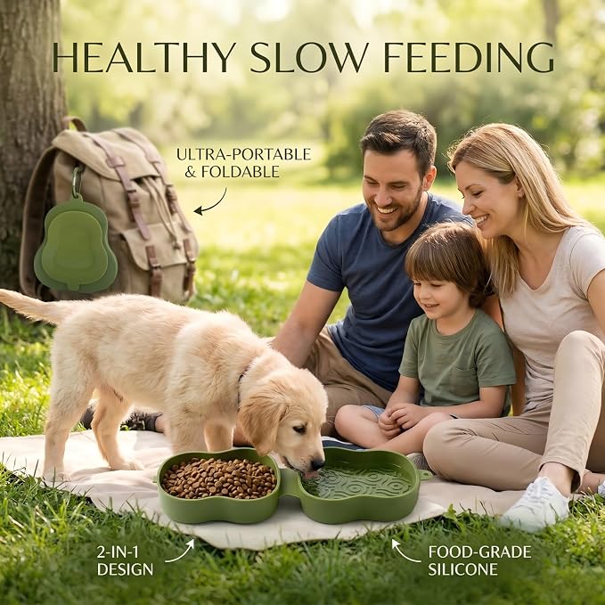 Collapsible Dog Travel Bowl with Lid, Portable Slow Feeder & Lick Mat Combo, Mess-Free Clamshell Silicone Water Dish for Hiking (Bluish)