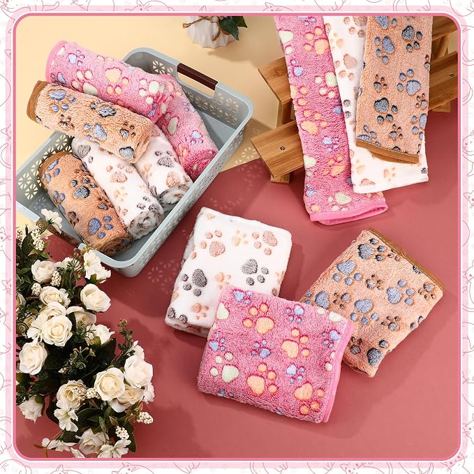 Tegeme 12 Pcs Pet Blankets 23 x 16 Inch Soft Fluffy Fleece Dog Cat Warm Paw Print Pattern Blankets Flannel Throw for Pets Dog Puppy Cat(Pink,Beige,Camel)
