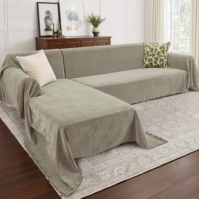 CAPALOCA Sectional Couch Covers, 2 Pieces Chenille Sofa Cover L Shaped Couch Cover Blanket for Dogs Washable Sofa Slipcovers Pet Furniture Protector (XXX-Large: 71" x 118" + 91" x 134", Smoked Tan)