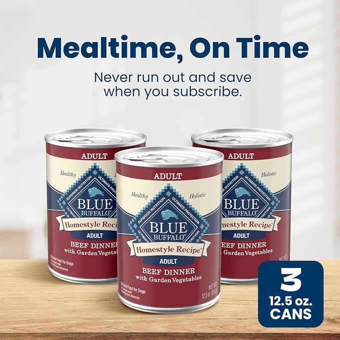 Blue Buffalo Homestyle Recipe Beef Dinner with Garden Vegetables Natural Wet Dog Food for Adult Dogs, Paté with Natural Ingredients, Vitamins & Minerals, 12.5-oz. Can (3 Count)