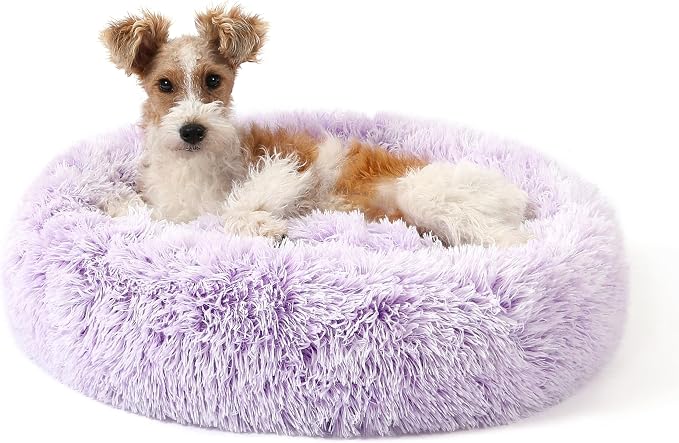 NOYAL Calming Donut Dog Bed for Small to Medium Dogs & Cats - Plush Faux Fur Anti-Anxiety Pet Bed with Machine Washable Cover & Non-Slip Base