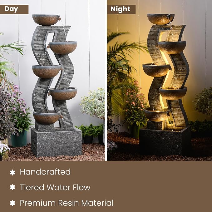 52.8" Tall Outdoor Water Fountain with Lights, 6-Tier Cascading Resin Waterfall Feature for Porch, Garden, Yard, Deck, Patio – Large Freestanding Outdoor Fountain and Waterfall Outside Decor