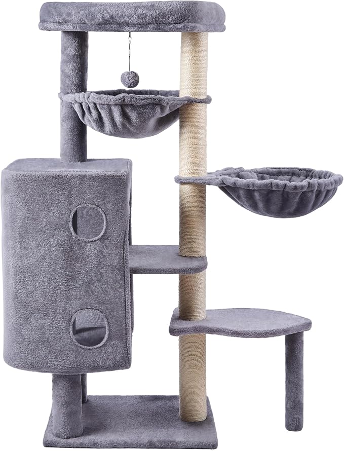 HUITREE 45in Cat Tree Tower with Big Condo for Indoor Cats,Cat Tower with Scratching Post,Scratching Board and Cat Toys,Multi-Level,Small Space,Transformer Cat Tree (Grey+)
