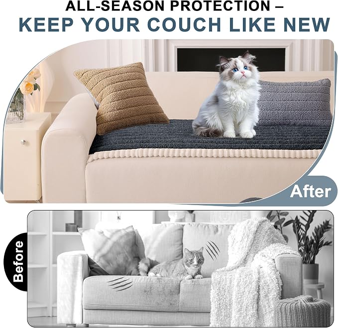 OTOB Couch Cover for Dogs Washable, Non Slip Plush Fuzzy Sofa Covers for 3 Cushion Couch All Seasons, Kids Pet Friendly Soft Cozy Furniture Protector Sofa Slipcovers (Dark Gray, 27.6" x 82.7")