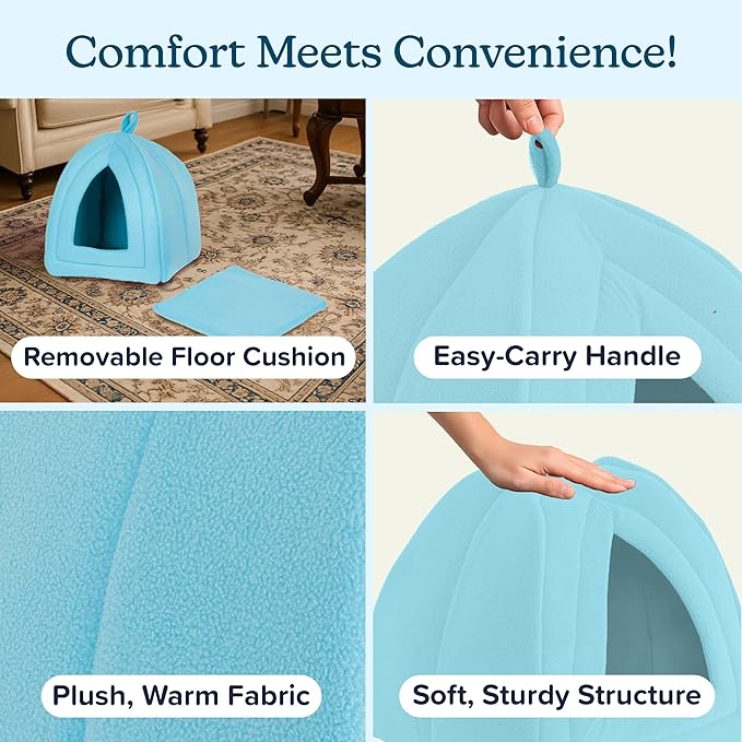 Cat House Indoor Cat Bed with Removable Foam Cushion, Plush Cat Tent Bed for Small Pets, Comfortable Cozy Hideaway for Cats, Kittens, Rabbits, Guinea Pigs, Ferrets, Hedgehogs, by PETMAKER (Blue)
