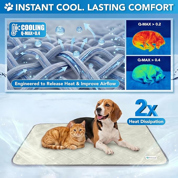 PetAmi Dog Cooling Mat, Waterproof Self Cooling Dog Pad with Non-Slip Backing, Q-Max >4.0 Pet Cooling Mat for Crate, Couch, Kennel & Car, Indoor Outdoor Summer Use, Beige, 40x60