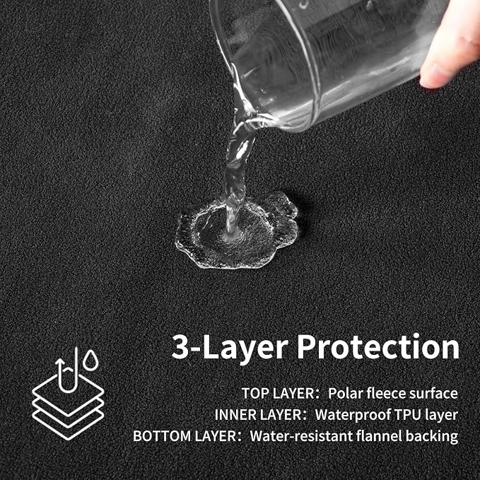 QiyI Waterproof Blanket for Bed Queen Size, Reversible Washable Pet-Friendly Flannel Throw Blanket, Leakproof Stain-Resistant Furniture Protector for Travel & Camping, 60"x80", Black/Light Grey