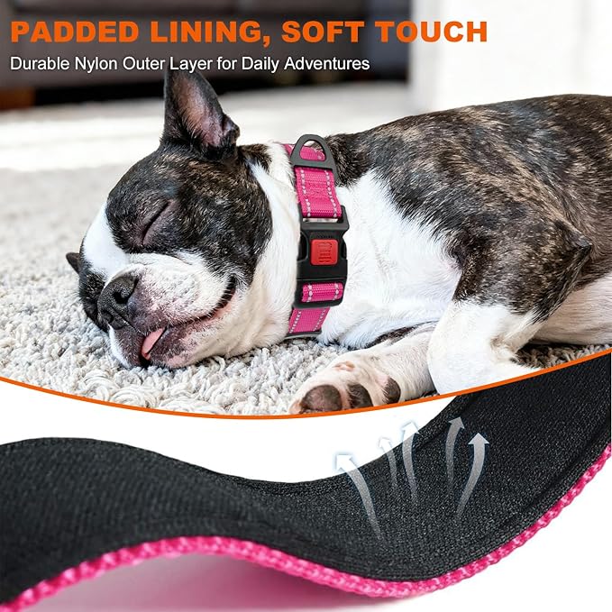 Taglory Reflective Dog Collar for Small Dogs, Soft Neoprene Padded with Escape-Proof Locking Buckle, Upgraded Zinc Alloy Ring, Adjustable Nylon Collar for Walking, Hotpink,S