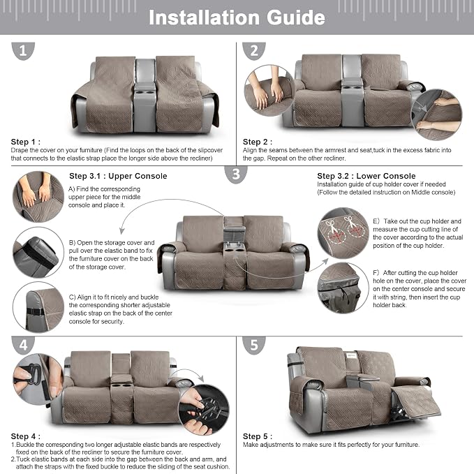 TAOCOCO Waterproof Loveseat Recliner Cover with Console, Non-Slip Reclining Loveseat with Console Cover with Pocket, Split Recliner Sofa Covers Furniture Protector for Pets Dogs(2 Seater, Taupe)