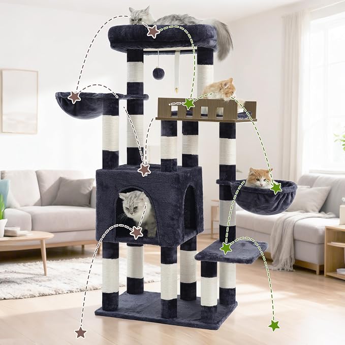 Gitelsnour Cat Tree for Indoor Cats Large Adult, Heavy Duty Cat Tree for Large Cats 20 lbs+, Cat Condo with Big Wooden Perch, Cat Tower with 14 Scratching Posts, Hammock, Smoky Gray GCT023G