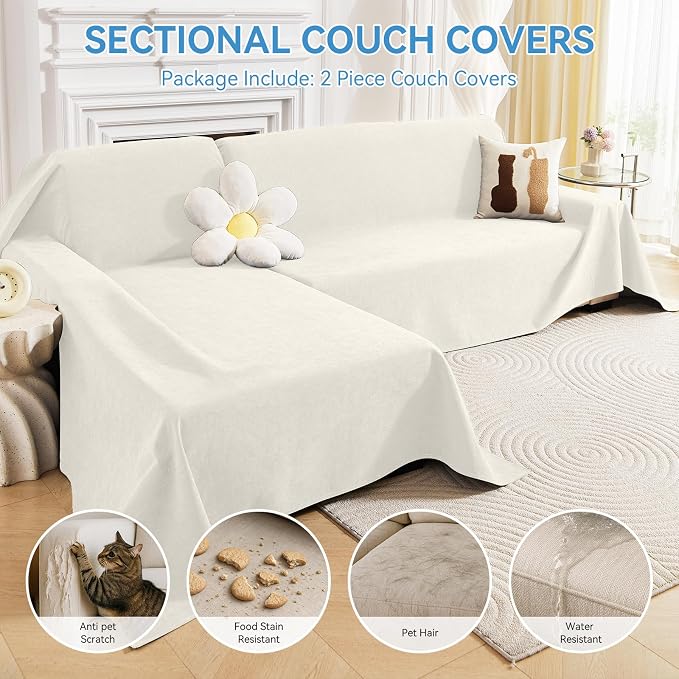 Deep Dream Sectional Couch Covers, 2 Pieces 100% Waterproof L Shaped Sofa Cover, Non Slip Couch Cover for Dogs Cats Washable, Pet Friendly Sofa Slipcovers Furniture Protector (XX-Large, White)