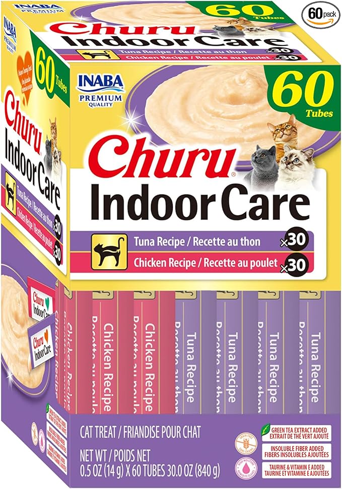 INABA Churu Indoor Care for Hairball Control, Functional Lickable Cat Treat with Taurine & Green Tea Extract, 0.5oz Each, 60 Tubes Total, Tuna & Chicken Variety