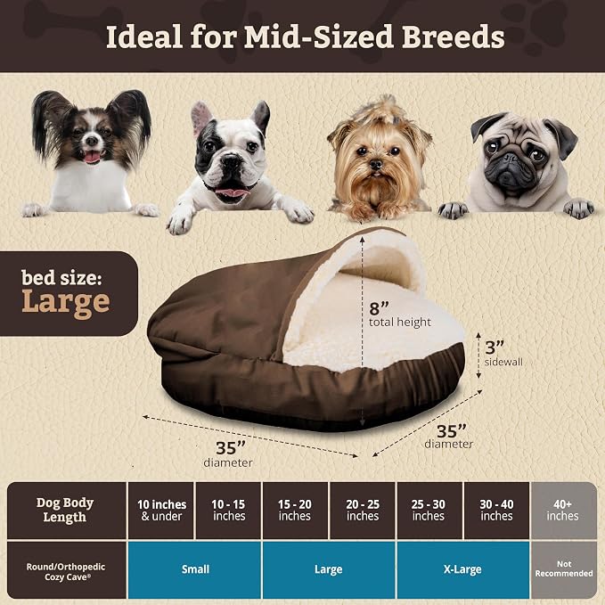 Snoozer Cozy Cave Dog Bed - Indoor Dog Bed with Cover Cave, Covered Calming Burrow for Small & Medium Sized Pets with Blanket Attached, Enclosed, Removable Washable Cover - Large, Hot Fudge