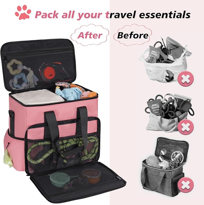 5 Set Dog Travel Bag for Supplies, Dog Lovers, Large Pet Travel Kit Includes 2 Food Containers, 2 Collapsible Bowls, Pink