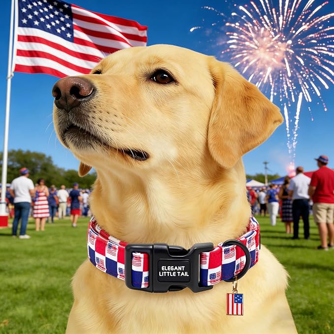 Elegant Little Tail 4th of July Dog Collar with Pendant, American Dog Collars Patriotic Red White Blue Pattern, Sturdy Quick-Release Plastic Buckle Adjustable Pet Collar for X-Small Dogs