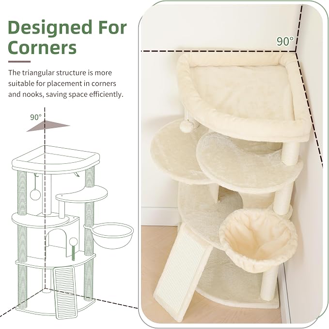 Gitelsnour Corner Cat Tree for Indoor Cats, Cat Tower with All Sisal Scratching Posts, Multi-Level Cat Condo wth Cat Cave, Large Top Perch, Hanging Basket, Sisal Scratching Ramp, Beige GCT025M