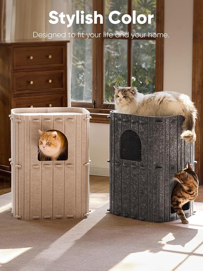 FUKUMARU Cat House for Indoor Cats, 23.62 Inch Large Cat Bed Cave Condo, 2-Storey Cozy Felt Covered Cats Tunnel Kitten Hideaway for Multicats, Scratch Resistant, Dark Grey