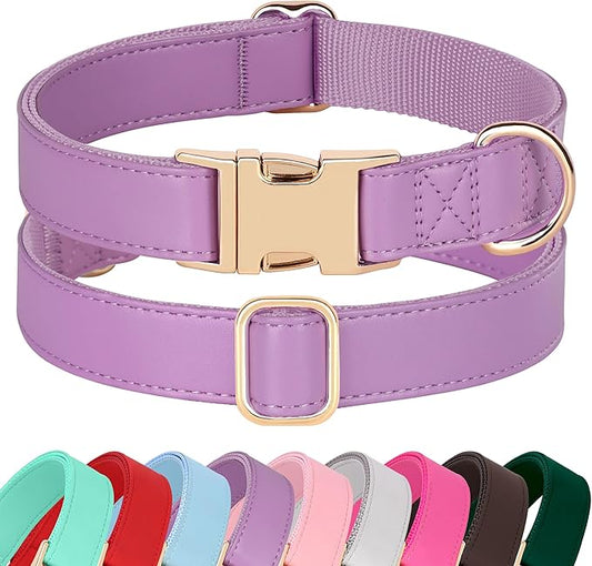 PET ARTIST PU Leather Dog Collar, Bright & Stylish Purple Dog Collar Girl with Quick Release Gold Metal Buckle, Soft Nylon Padded Durable Pet Collars Adjustable for Large Dogs, Neck Fit 16-27"