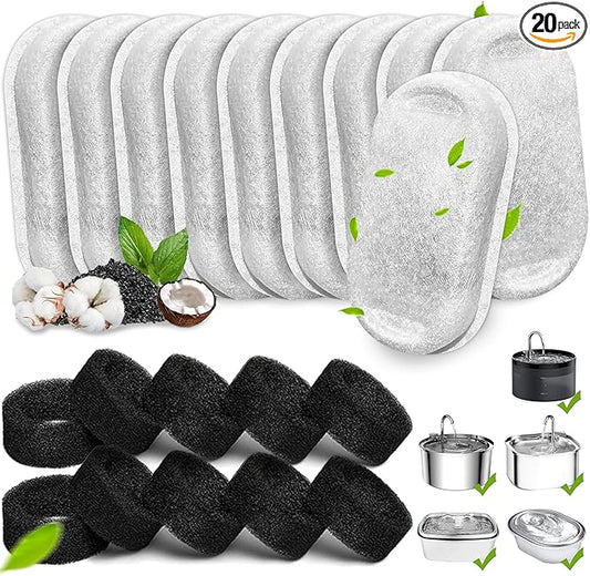 Cat Water Fountain Filters, 20Pack Cat Fountain Replacement Filters for Stainless Steel 108oz/3.2L& 67oz/2L adjustable Water Flow Pet Water Fountain,Dog Water Fountain Filters（10 Filters& 10 Sponges)