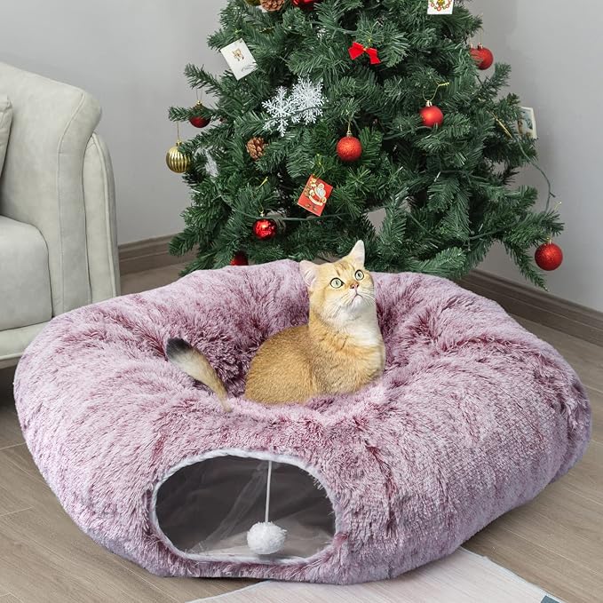 AUOON Cat Tunnel Bed for Indoor Cats - Large Cat Donut Tunnel with Hanging Ball Toy, Collapsible 2-in-1 Multifunctional Interactive Cat Toy for Kitten, Puppy, Rabbit, Ferret (Rosiness)