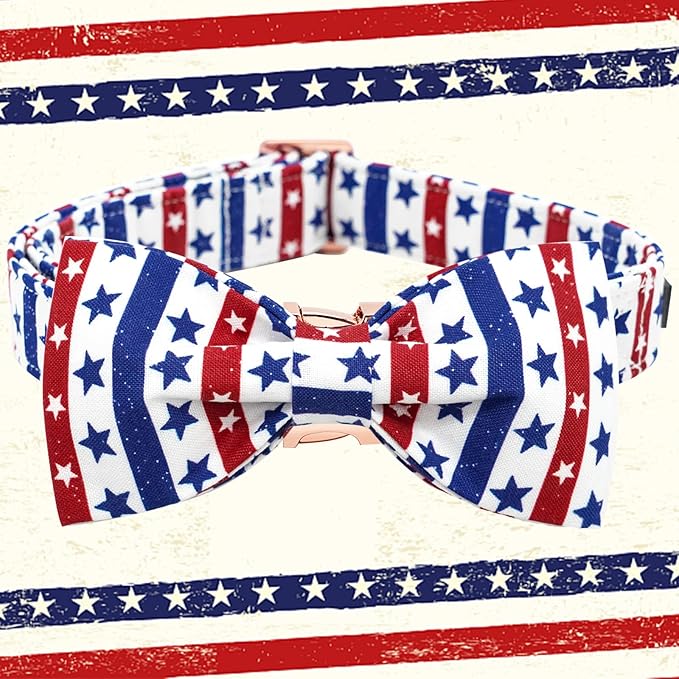 Elegant little tail Independence Dog Collar, Patriotic Pet Collar with Bow Tie American 4th of July Pet Cotton Soft Boy Girl Adjustable Collars for Large Dogs