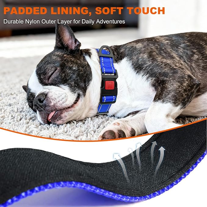 Taglory Reflective Dog Collar for Small Dogs, Soft Neoprene Padded with Escape-Proof Locking Buckle, Upgraded Zinc Alloy Ring, Adjustable Nylon Collar for Walking, Blue,S