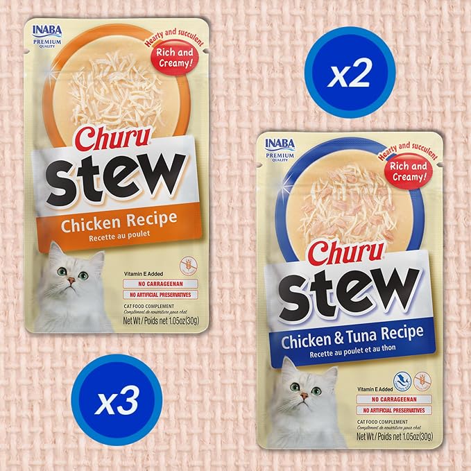 INABA Churu Stew for Cats, Creamy Purée Side Dish Pouch, 1.05 oz Pouches, 15 Pouches Total, Chicken and Tuna Variety