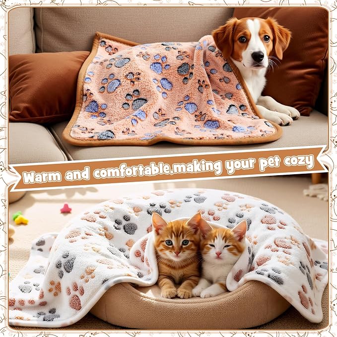 Tegeme 12 Pcs Pet Blankets 30 x 20 Inch Soft Fluffy Fleece Dog Cat Warm Paw Print Pattern Blankets Flannel Throw for Pets Dog Puppy Cat(Pink,Beige,Camel)