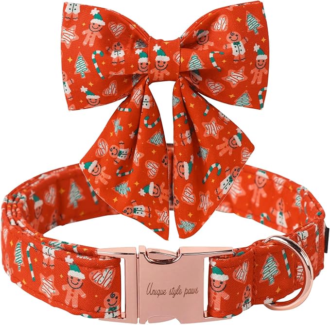 Unique Style Paws Christmas Day Dog Collar with Bowtie Red Christmas Gingerbread Cotton Puppy Collars for Small Medium Large Dogs