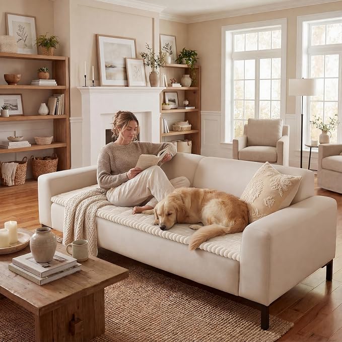 decorUhome Non-Slip Fuzzy Couch Cover for Dogs, Soft Thick Washable Pet-Friendly Protector, Sofa Slipcover for 3 Cushion Couch Sofa, White, 27.6" x 70.9"