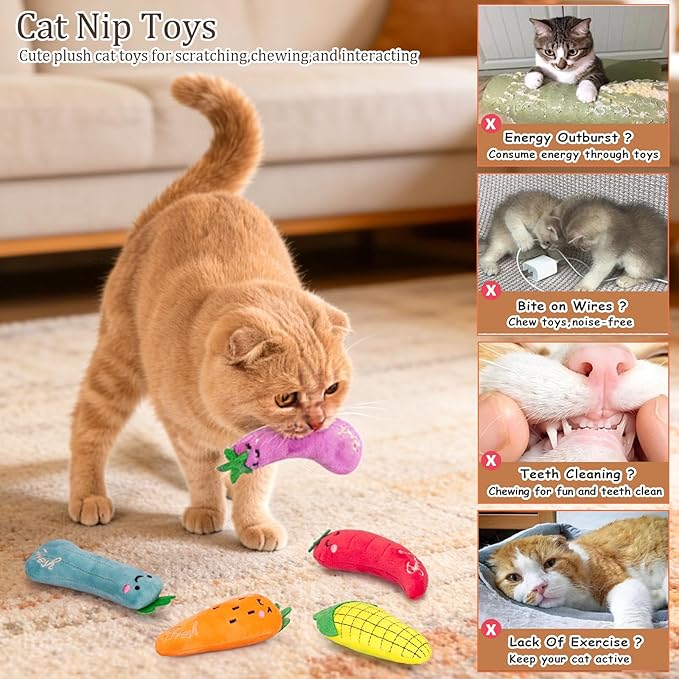 ETEKYER Catnip Cat Toys, 5 Pack, Plush Catnip Toys for Indoor Cats Kitten, Interactive Cat Nip Kitty Kicker Chew Safe Teeth Cleaning Toys, Fun Carrot Vegetable Shape