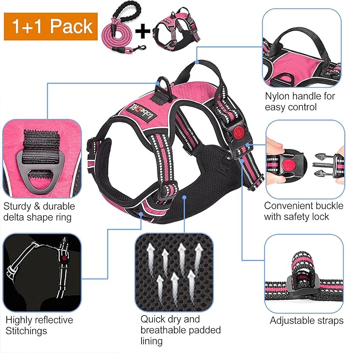 tobeDRI No Pull Dog Harness Adjustable Reflective Oxford Easy Control Medium Large Dog Harness with A Free Heavy Duty 5ft Dog Leash (S (Neck: 13"-18", Chest: 17.5"-22"), Pink Harness+Leash)