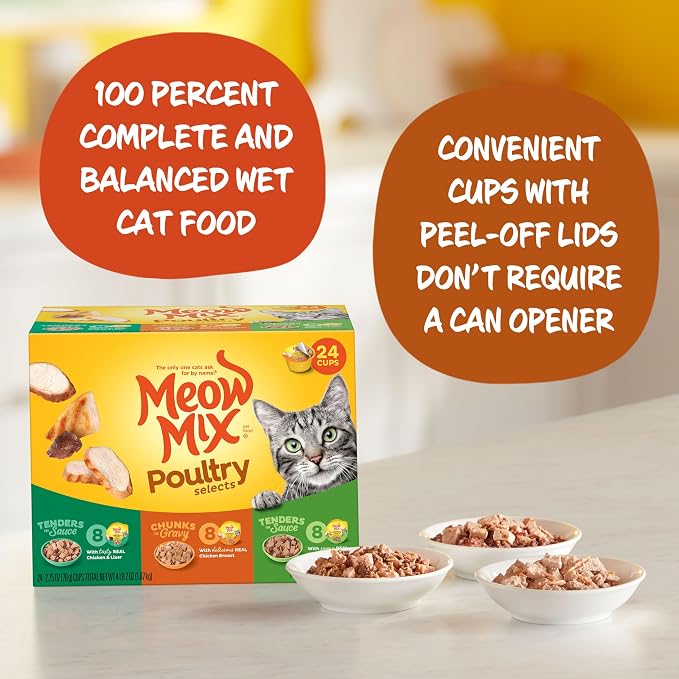 Meow Mix Poultry Selections Variety Pack, Wet Cat Food, 2.75 oz Cup (24 Pack)
