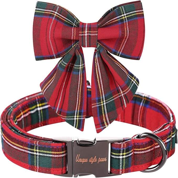 Unique style paws Christmas Dog Collar with Bow Tie Red Plaid Puppy Collar for Small Medium Large Dogs as Autumn Winter Gifts -L