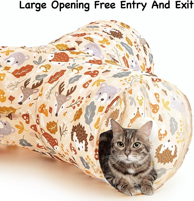Tempcore Cat Tunnel for Indoor Cats, 3 Way Collapsible Pet Play Tunnel with Teaser Wand, Peek Holes & Hanging Ball, Interactive Tube for Kittens & Rabbits, Beige Deer