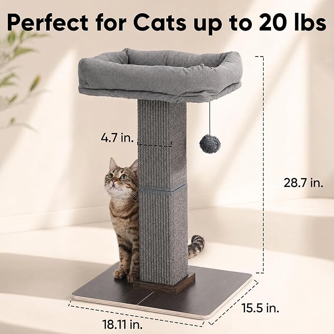 FUKUMARU Cat Scratching Post, Modern Style Tall Scratch Posts with Perch for Indoor Cats Adults, Large Cat Scratcher Tower with Bed, Small Tree with Raised Stand, Natural Sisal & Solid Wood